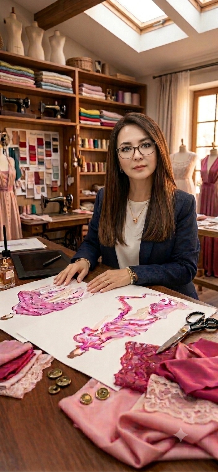 Assel Brand founder at work in the atelier surrounded by silk and wool fabrics
